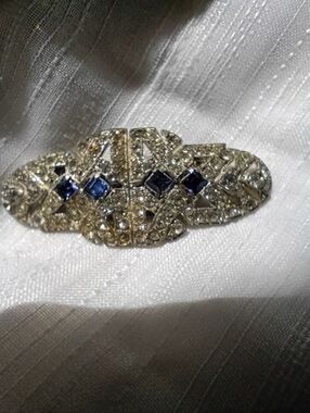 Vintage Coro Duette Rhinestone Clear Blue Art Deco Brooch Fur Clip Jewelry 1930s